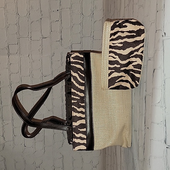 Estee Lauder Mini Tote with coin purse Tan Burlap and Brown and Tan Zebra Print - Picture 1 of 4